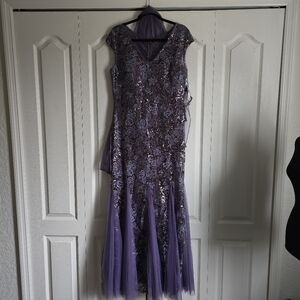 Alex Evening Elegant Purple Lace Evening Gown - Size 12